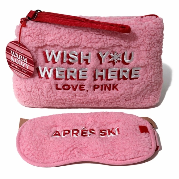 PINK Victoria's Secret Handbags - PINK Victoria’s Secret Sherpa Cosmetic Bag + Eye Mask Set NWT